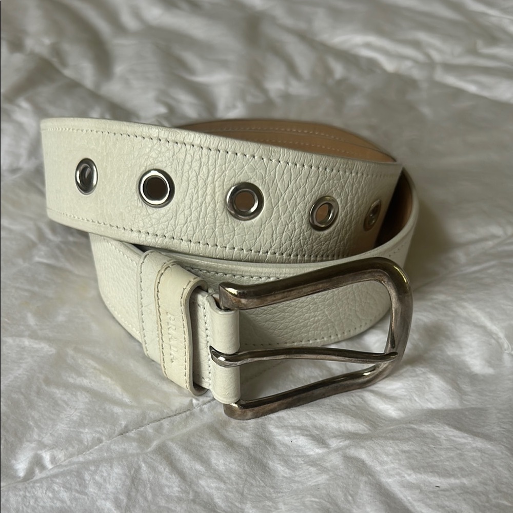 Men's Cream Leather Grommet Belt with Silver Buckle